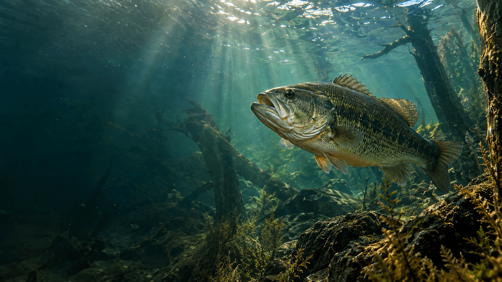 Largemouth bass moving through a realistic freshwater habitat below the surface.