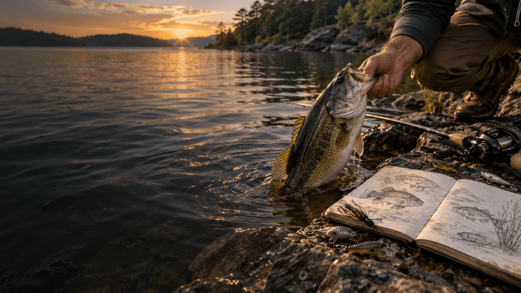 Freshwater catch beside a field journal and fishing gear at the water's edge.